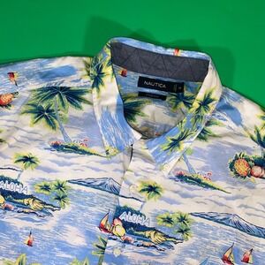 Nautica Aloha‎ Shirt Stretch Tropical Palm Tree Print Button Up 2XL